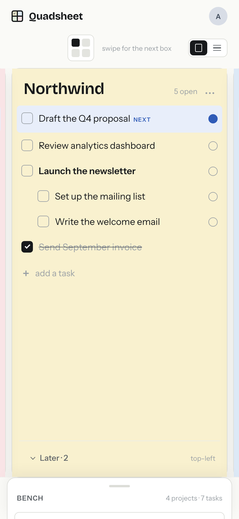 Quadsheet on a phone, showing one box at a time